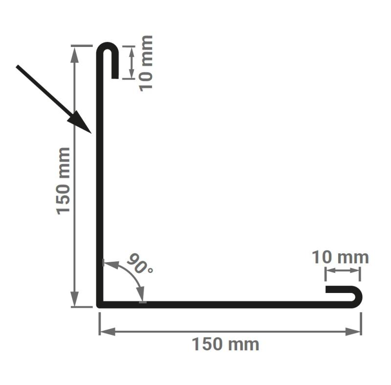 Außenecke 150 x 150 mm zur Verkleidung von Wandblech Ecken im 90 ° Winkel - hier der Querschnitt